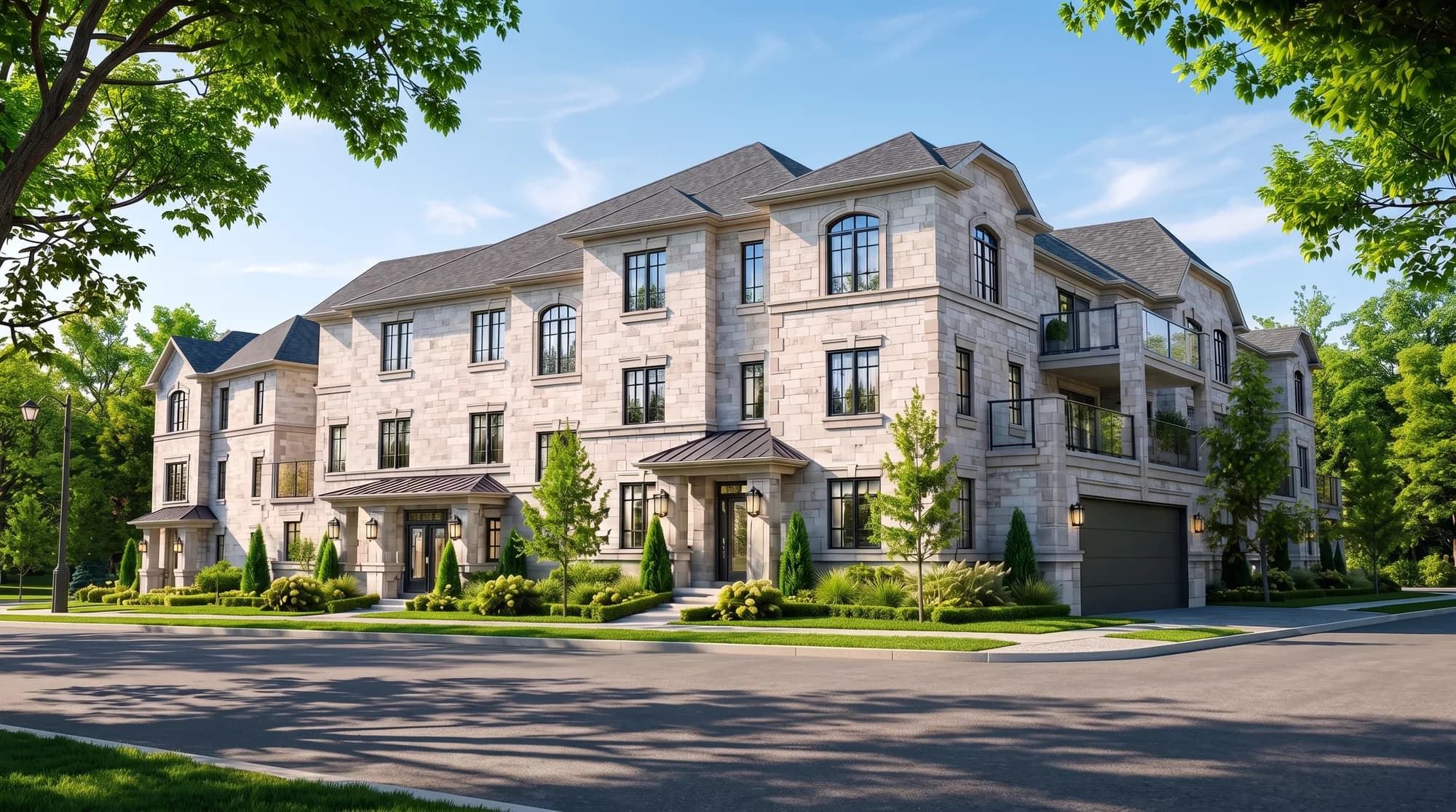 Illustrative stone townhome exterior framed by mature trees