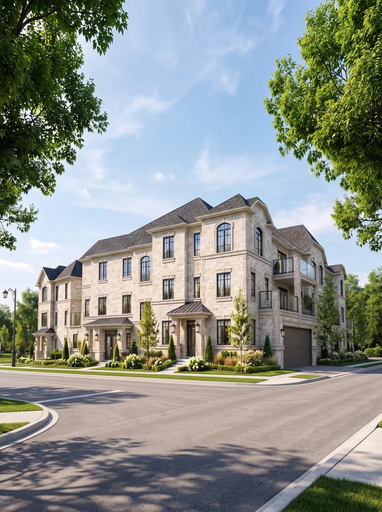 Illustrative view of stone townhomes on a sunlit corner